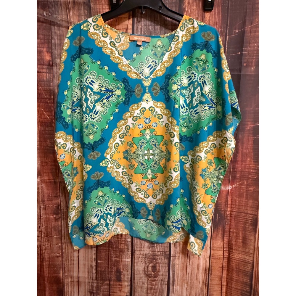 Ellen Tracy Womens XL Paisley Medallion V-Neck Dolman Sleeve Blouse Teal Green